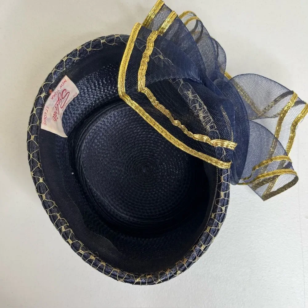 Vintage 80s Sylvia Church Lady Hat Navy Gold Metallic Mesh Netting Union Made US